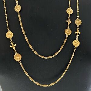 COROCRAFT Gold Tone Necklace Coin Charms & Fleur De Lis Vintage